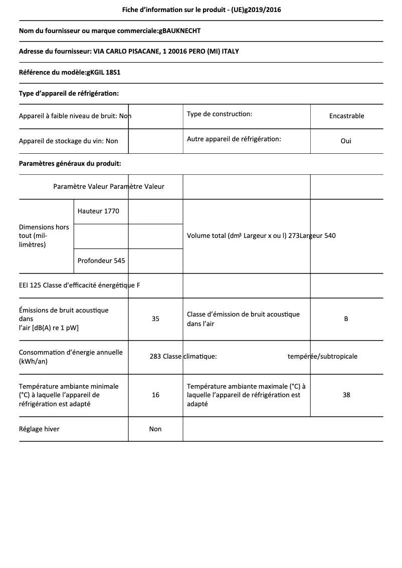 Page 1 de la notice Fiche technique Bauknecht KGIL 18S1