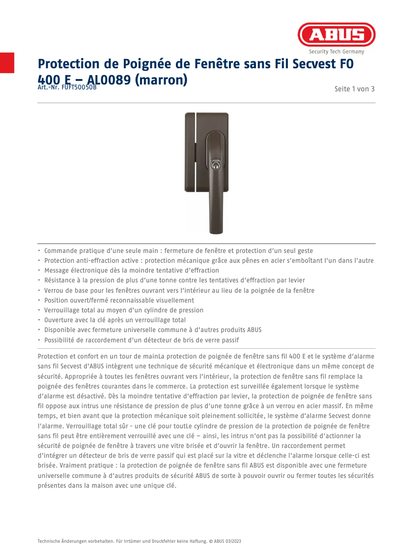 Page n°1 - Fiche technique Abus FUFT50050B