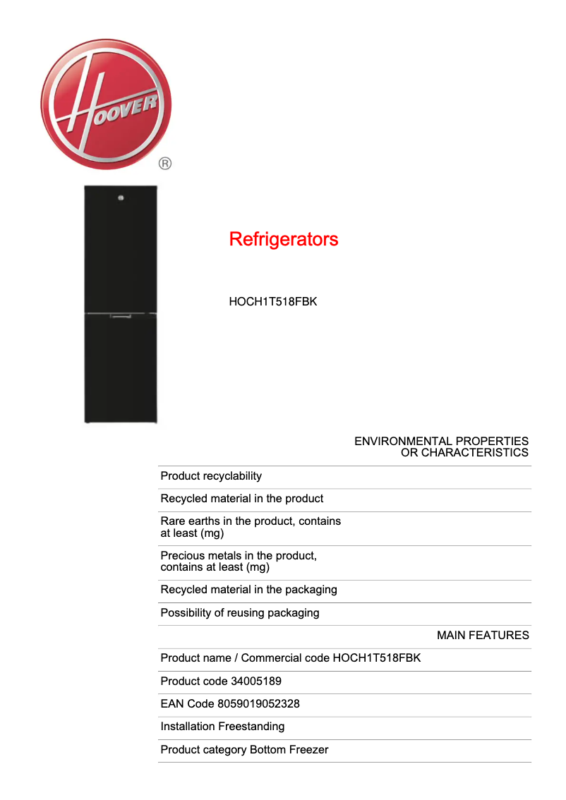 Página 1 del manual Ficha técnica Hoover HOCH1T518FBK