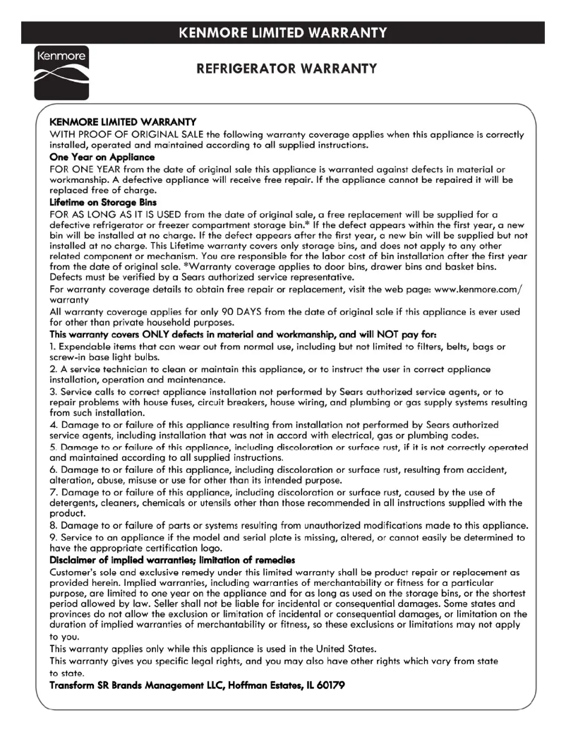 Page 1 de la notice Informations de garantie Kenmore 61202