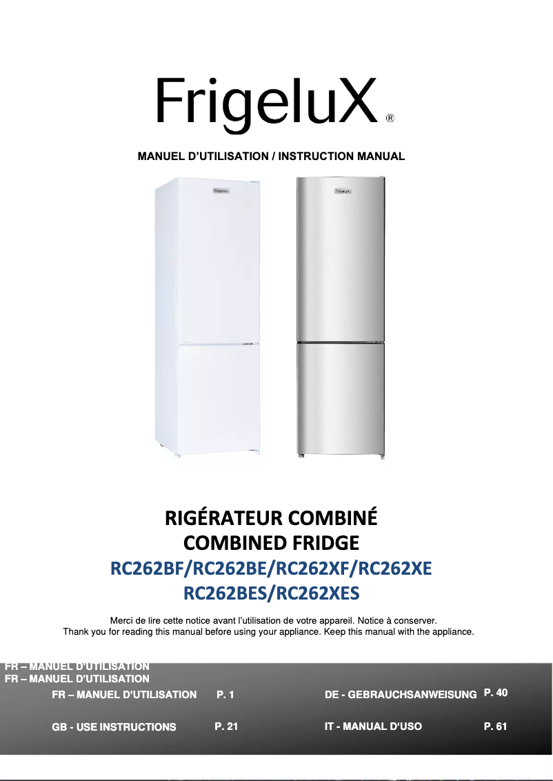 Page n°1 - Manuel utilisateur FrigeluX RC262BF