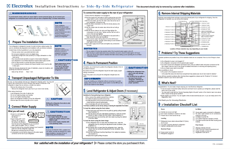 Page 1 de la notice Guide d'installation Electrolux EW26SS65GB