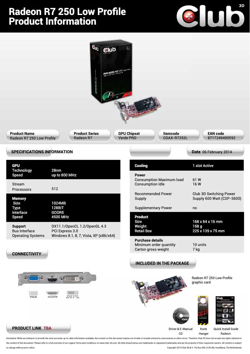 Page 1 de la notice Manuel utilisateur CLUB3D Radeon R7 250 Low Profile