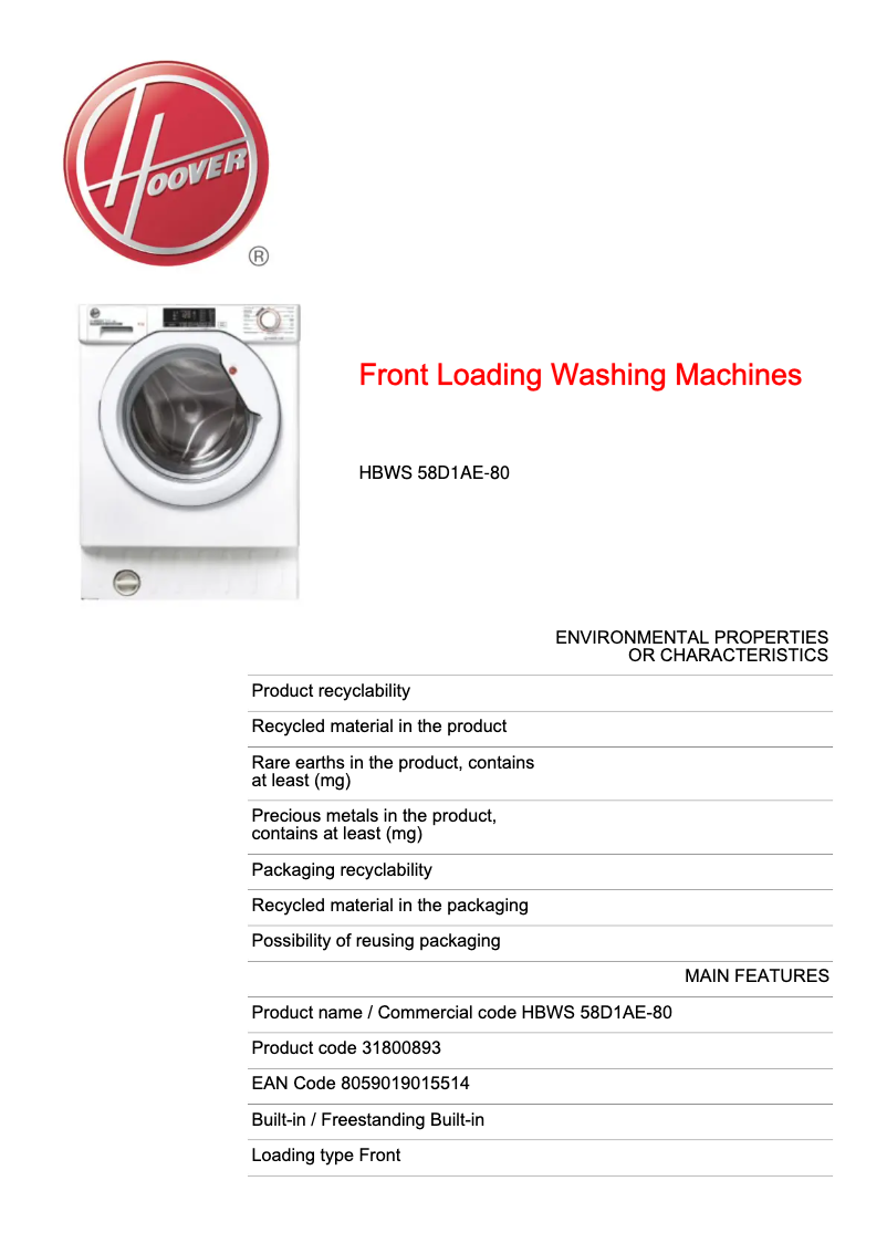 Página 1 del manual Ficha técnica Hoover HBWS 58D1AE-80