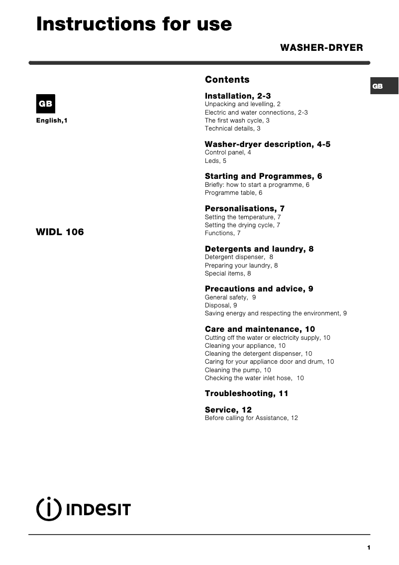 Page 1 de la notice Manuel utilisateur Indesit WIDL 106 (AUS)