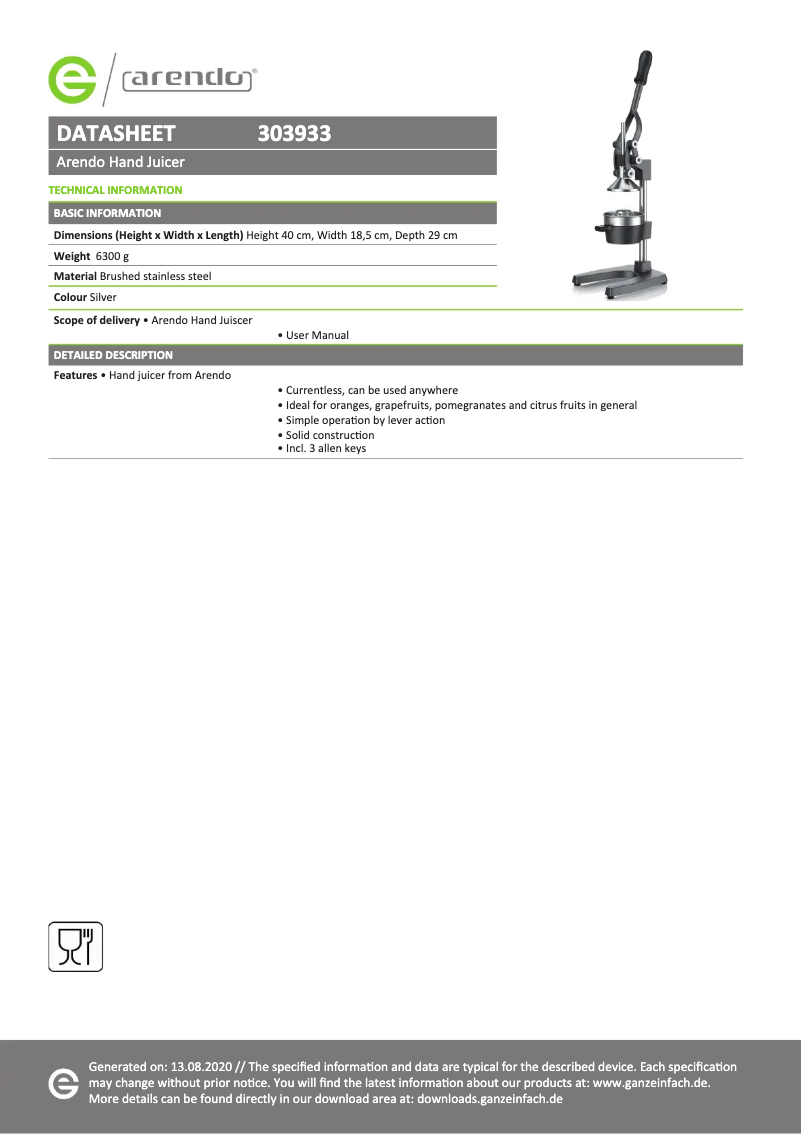 Page 1 de la notice Fiche technique Arendo 303933
