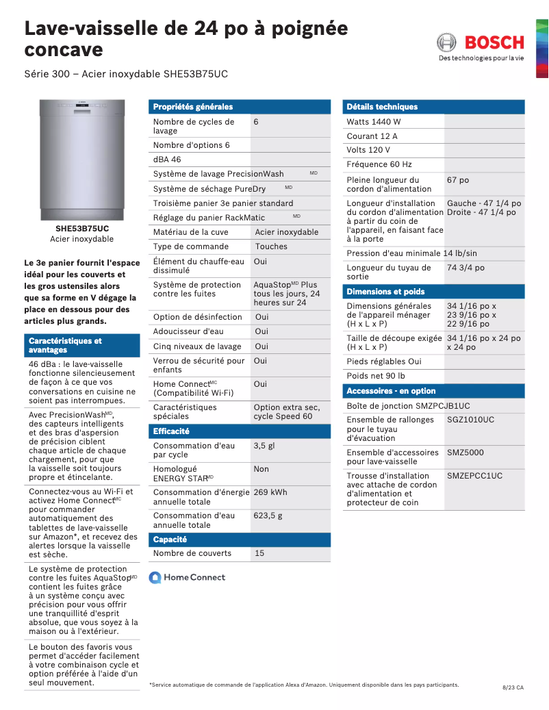 Page 1 de la notice Fiche technique Bosch SHE53B75UC