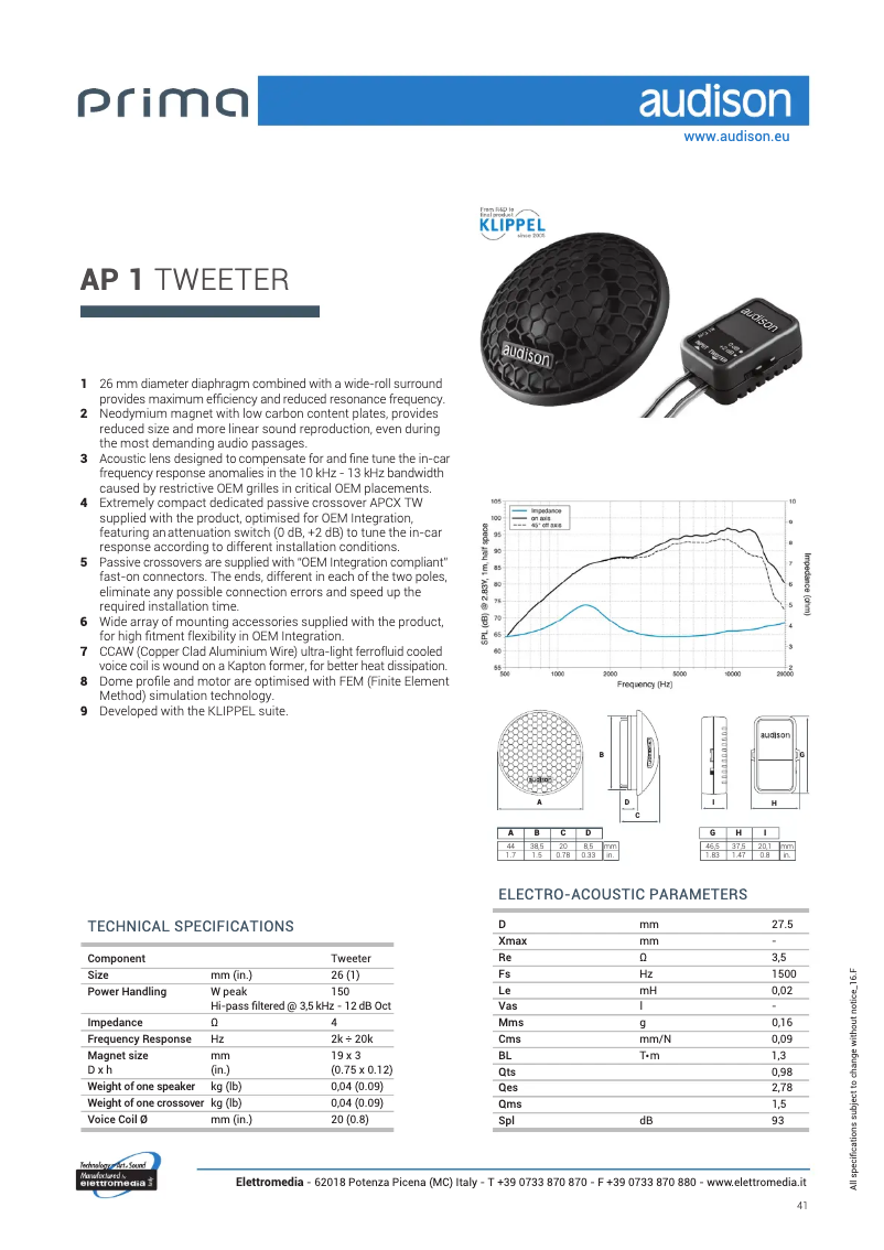 Page 1 de la notice Fiche technique Audison Prima AP 1
