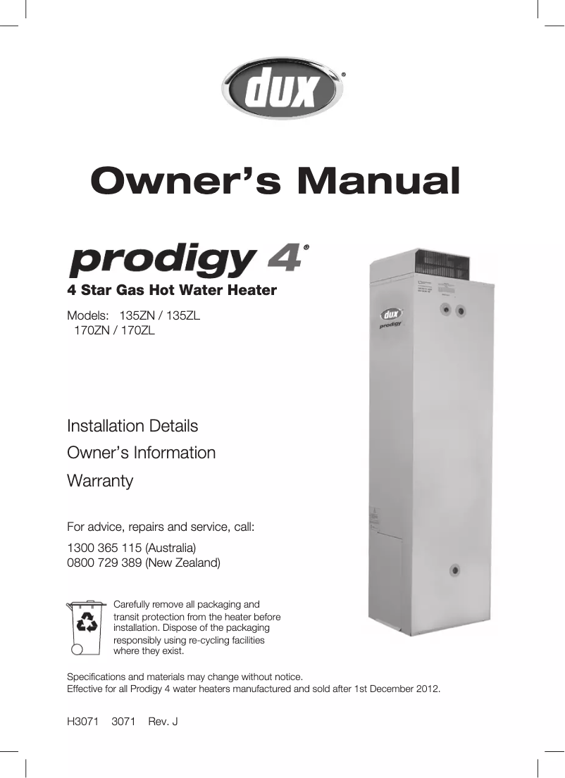 Page 1 de la notice Manuel utilisateur Dux Prodigy 4 135ZL