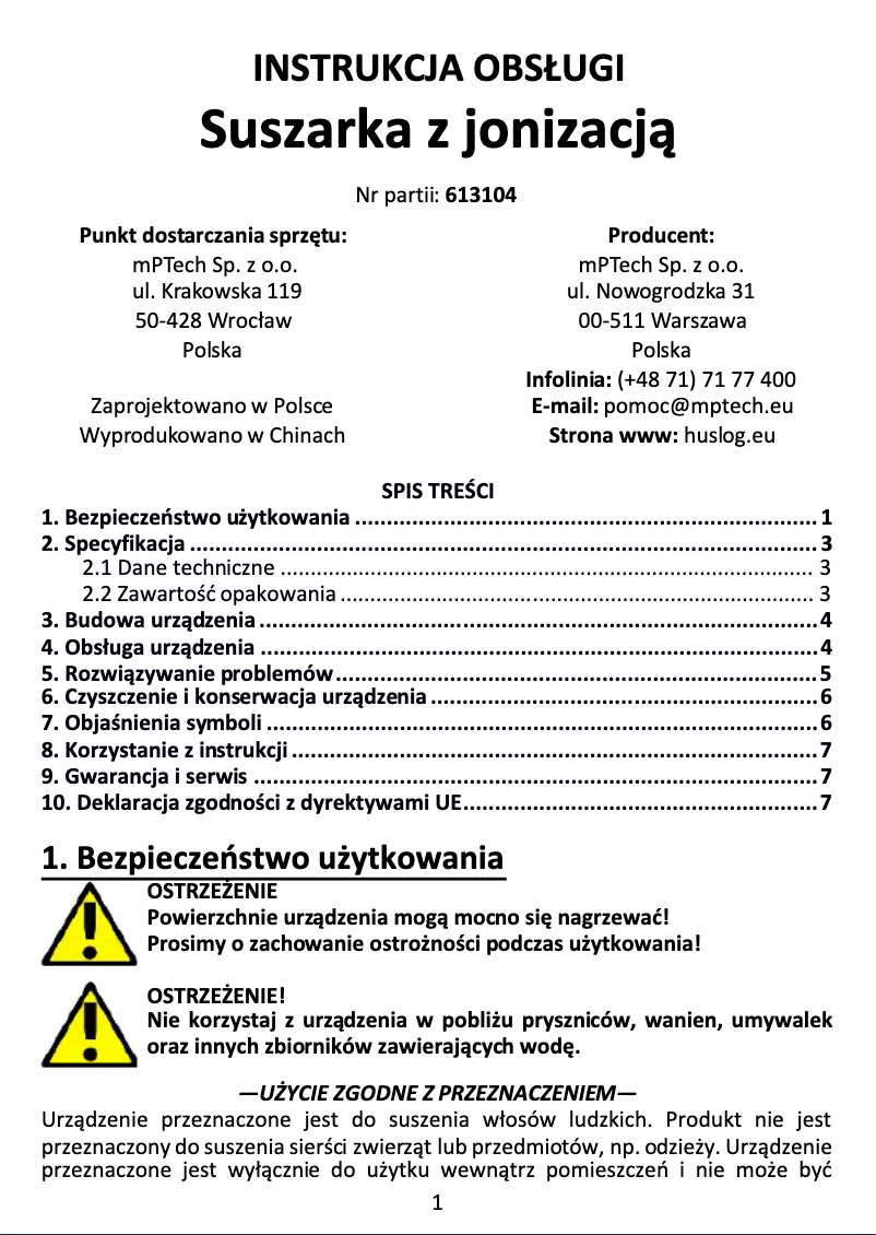 Page n°1 - Manuel utilisateur Huslog BE-570234