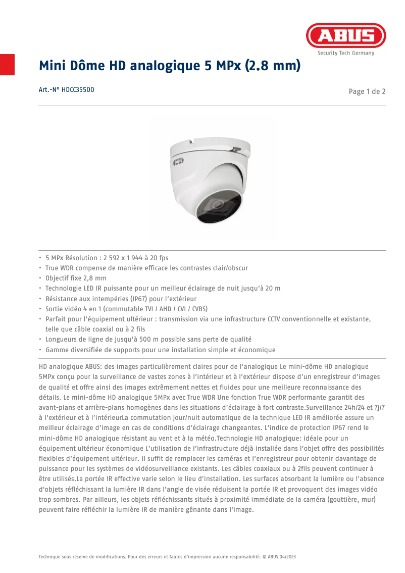 Page n°1 - Fiche technique Abus HDCC35500