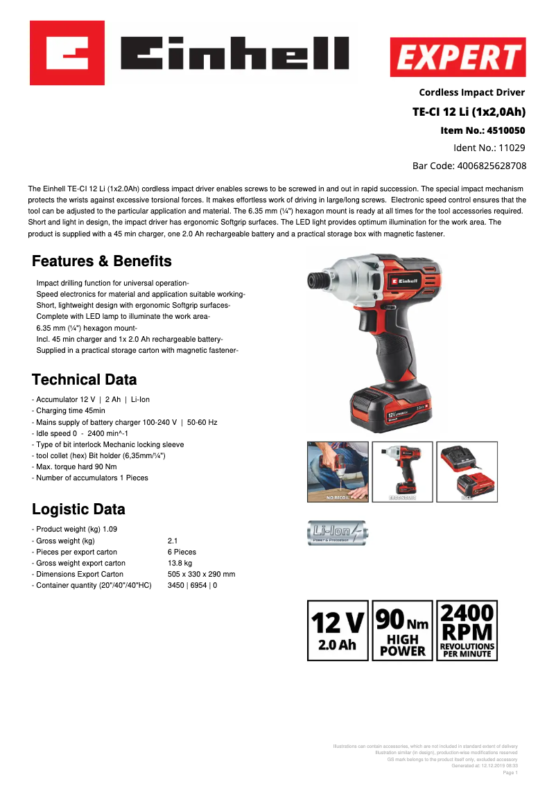 Page 1 de la notice Fiche technique Einhell TE-CI 12 Li