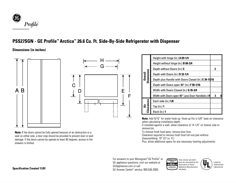 Página 1 del manual Ficha técnica GE Profile Arctica PSS27SGNBS