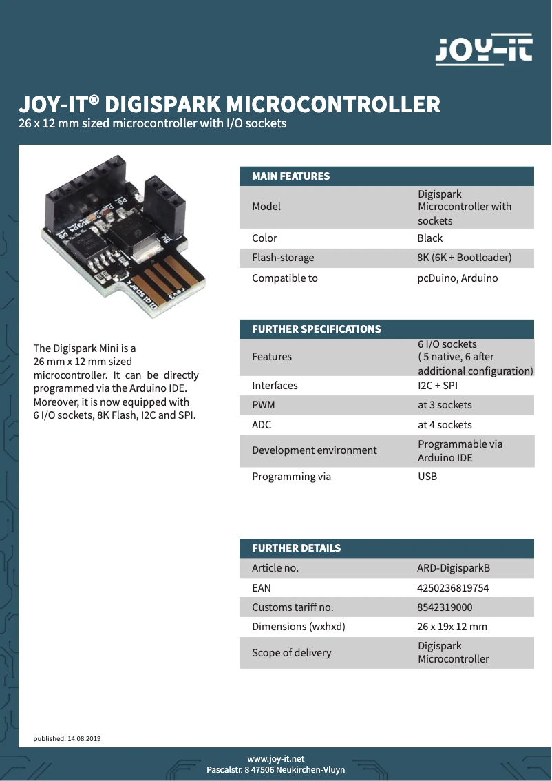 Page 1 de la notice Fiche technique Joy-It ARD-DigisparkB