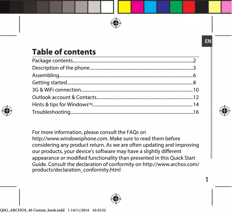 Page 1 de la notice Manuel utilisateur Archos 40 Cesium