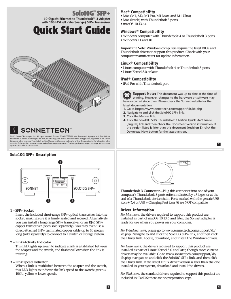 Page n°1 - Manuel utilisateur Sonnet Solo10G SFP+