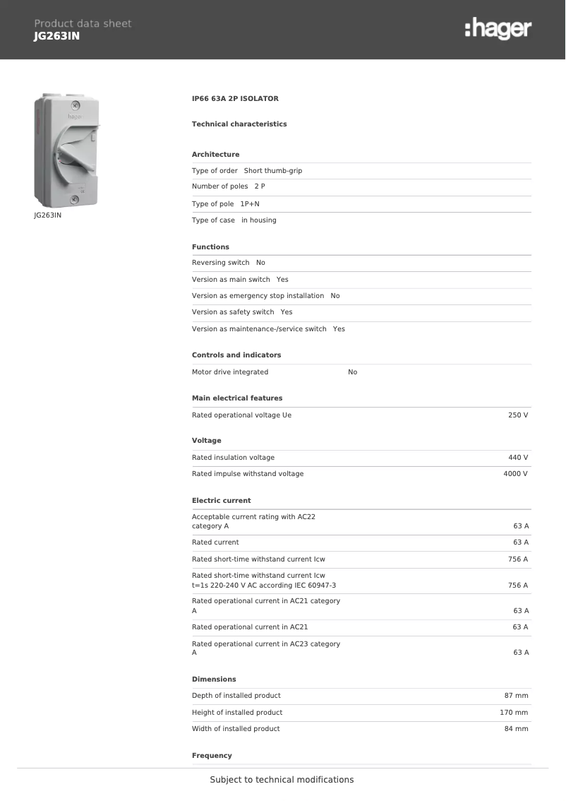 Page 1 de la notice Fiche technique Hager JG263IN