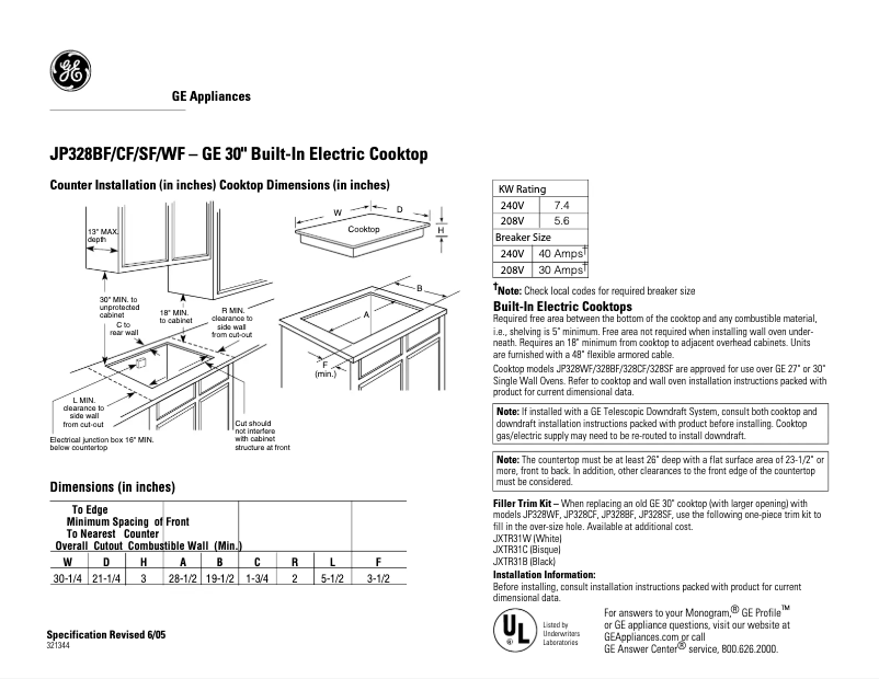 Page 1 de la notice Fiche technique GE JP328BFBB