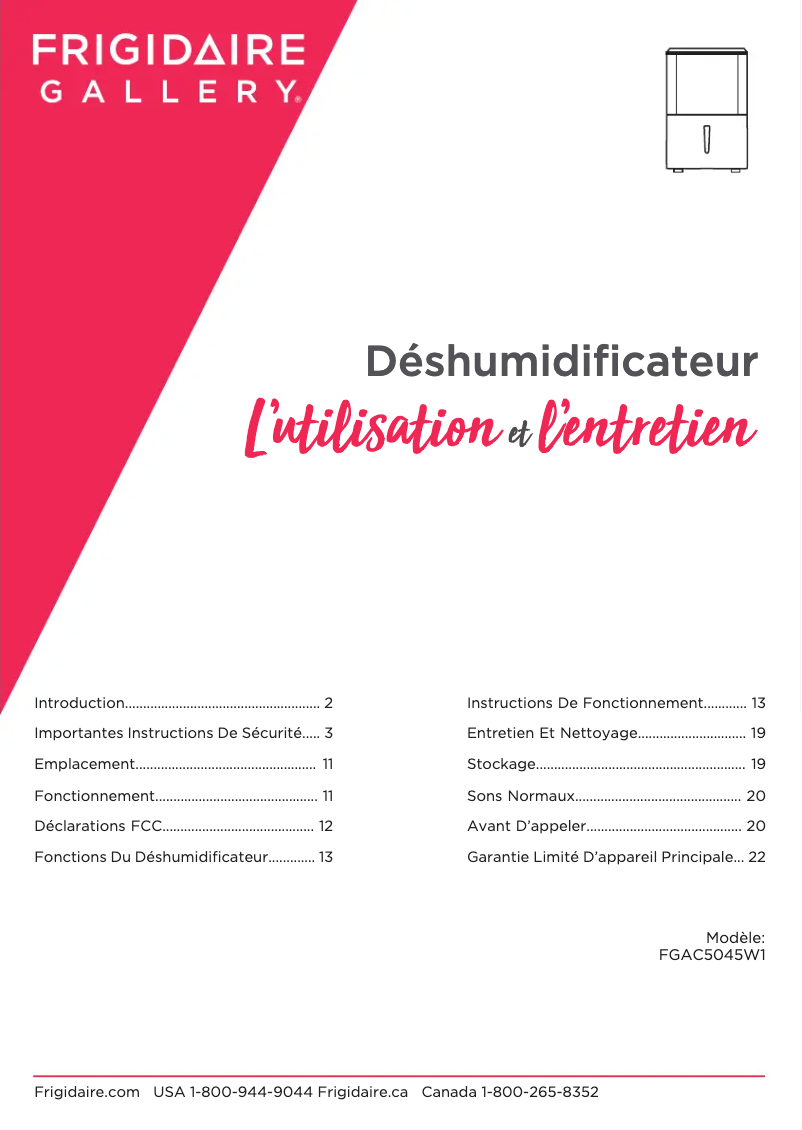 Page 1 de la notice Manuel utilisateur Frigidaire FGAC5045W1
