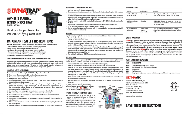 Page n°1 - Manuel utilisateur Dynatrap DT1100