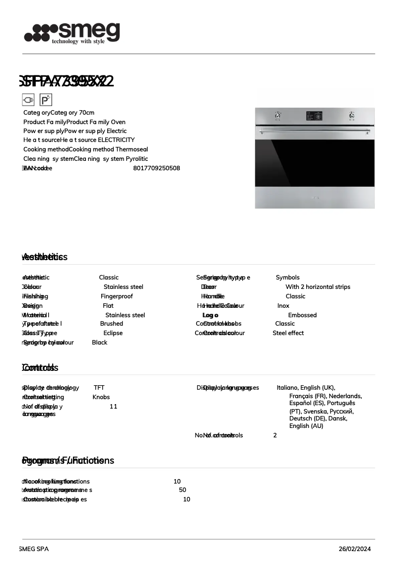 Page n°1 - Fiche technique Smeg SFPA7395X2