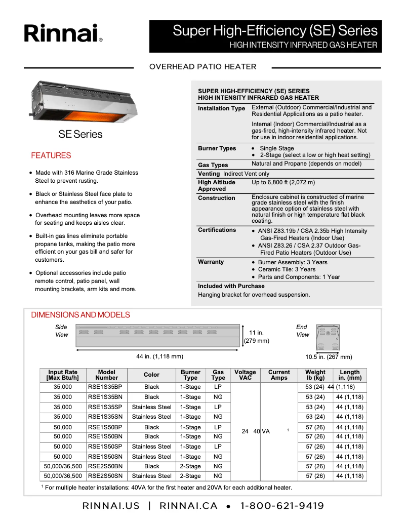 Page n°1 - Fiche technique Rinnai RSE1S50BN