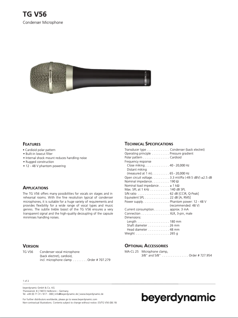 Page 1 of the manual Technical Sheet Beyerdynamic TG V56