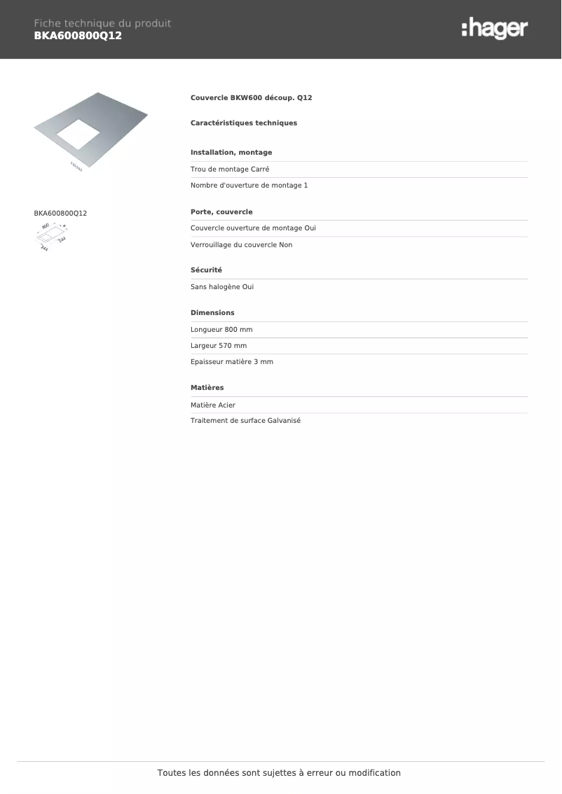 Page n°1 - Fiche technique Hager BKA600800Q12