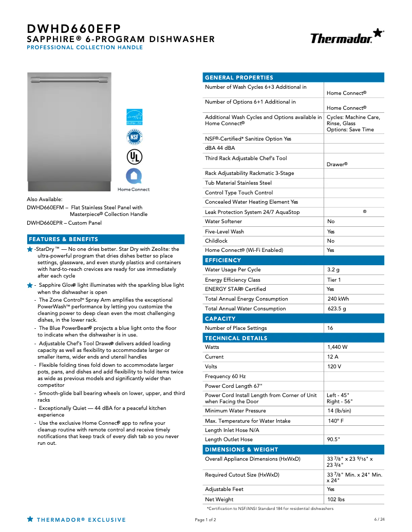 Page 1 de la notice Fiche technique Thermador DWHD660EFP