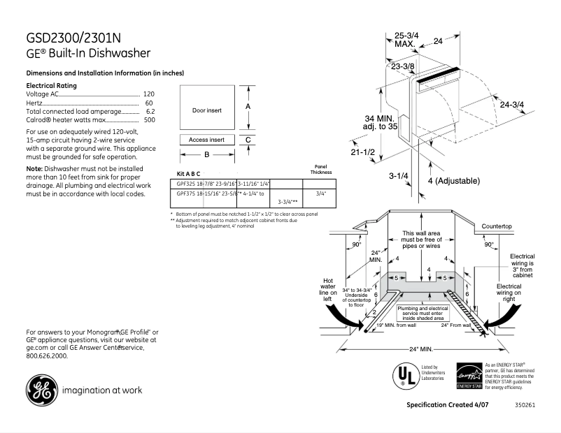 Page 1 de la notice Fiche technique GE GSD2300NBB