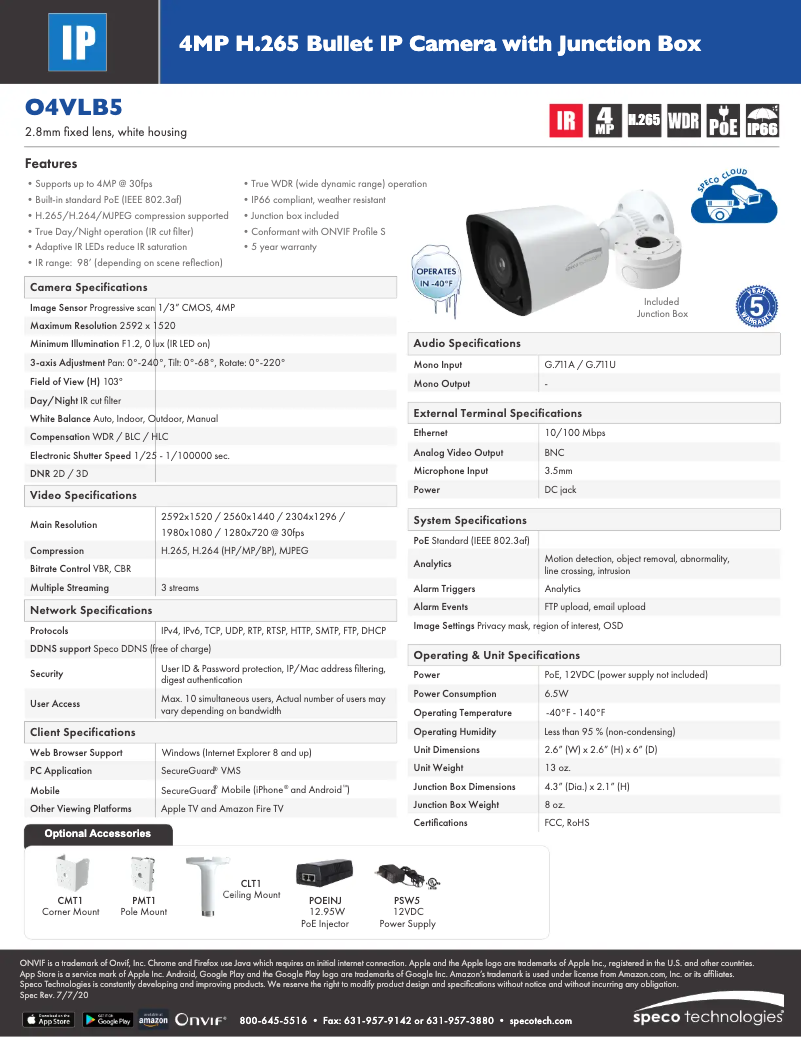 Página 1 del manual Ficha técnica Speco Technologies O4VLB5