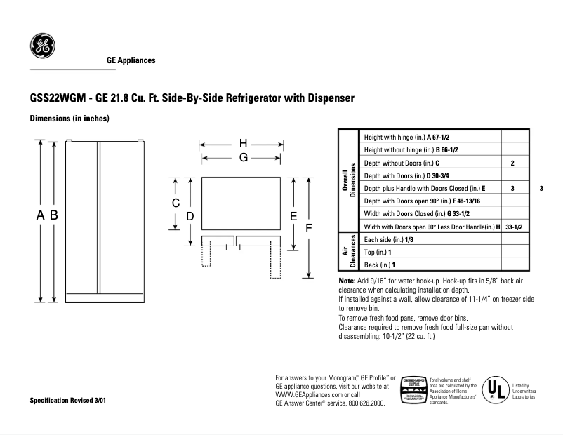 Página 1 del manual Ficha técnica GE GSS22WGMCC