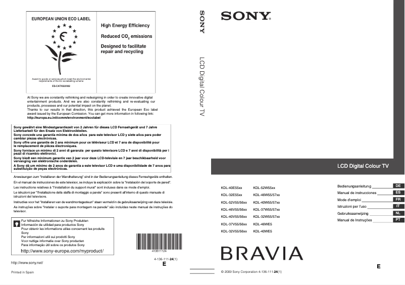 Page 1 de la notice Manuel utilisateur Sony KDL-40V5500