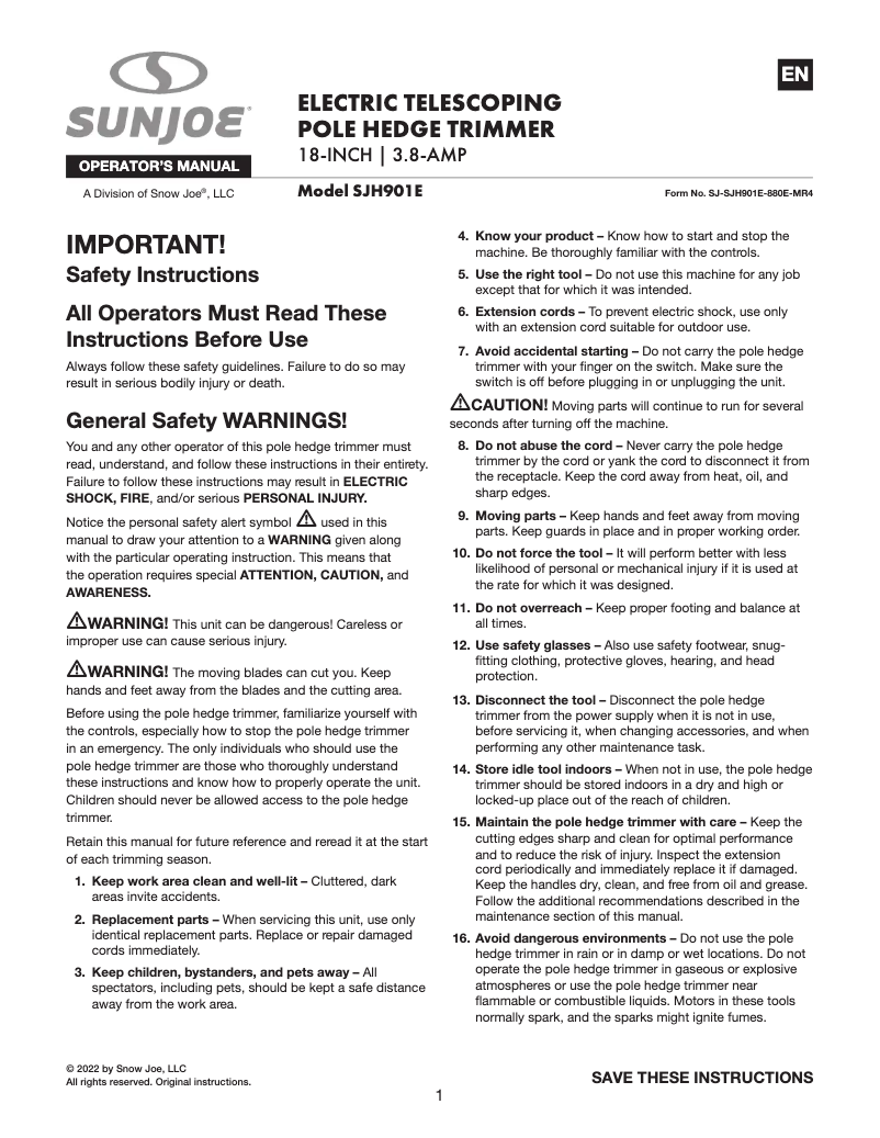 Page 1 de la notice Manuel utilisateur Sun Joe SJH901E