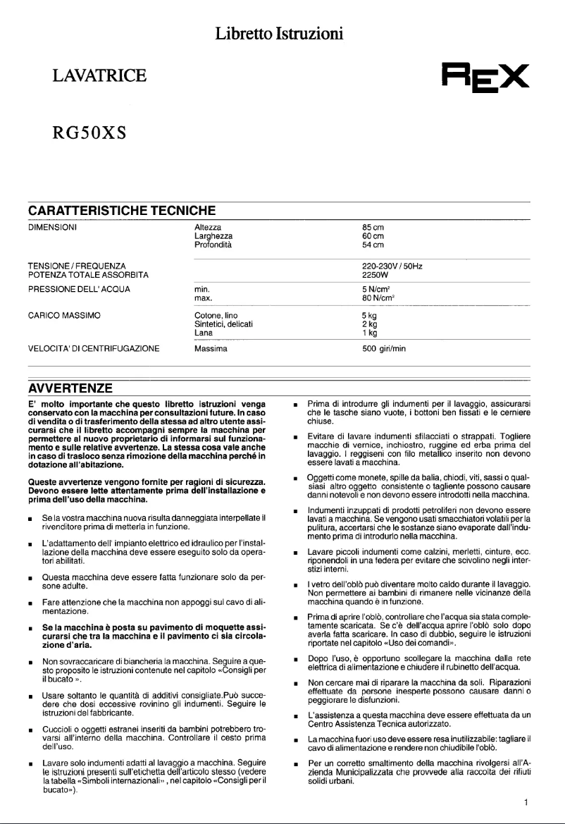 Page n°1 - Manuel utilisateur Rex RG50XS