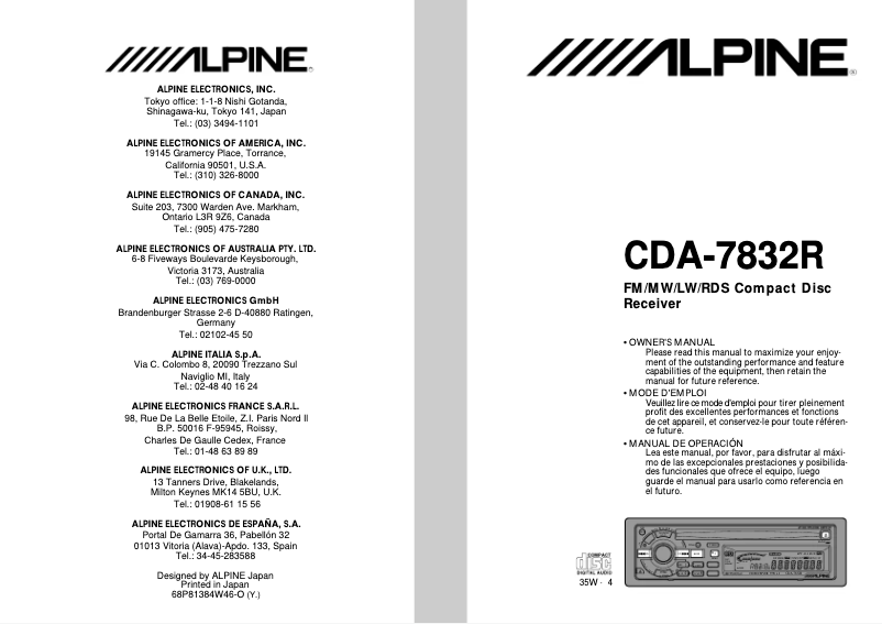Page n°1 - Manuel utilisateur Alpine CDA-7832R