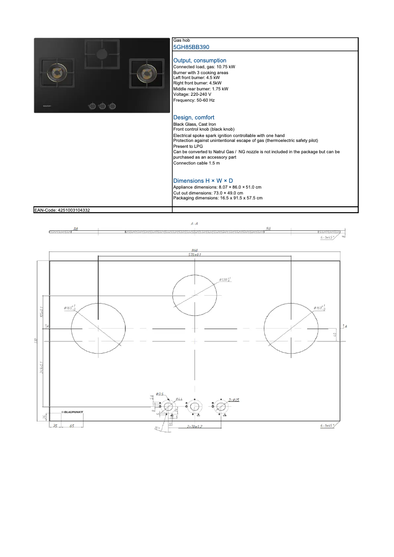 Página 1 del manual Ficha técnica Blaupunkt 5GH85BB390