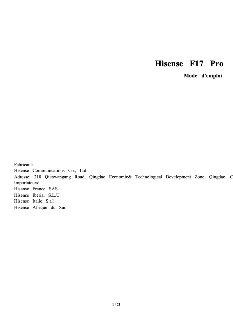 Image de la première page du manuel de l'appareil F17 Pro
