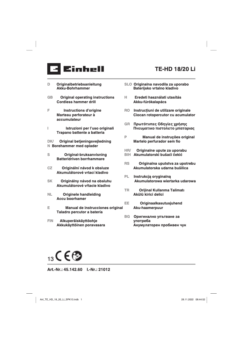 Page 1 de la notice Manuel utilisateur Einhell TE-HD 18/20 Li