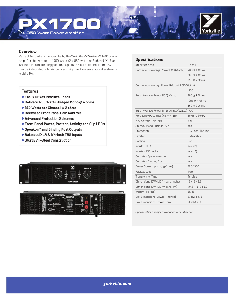 Page 1 de la notice Fiche technique Yorkville PX1700