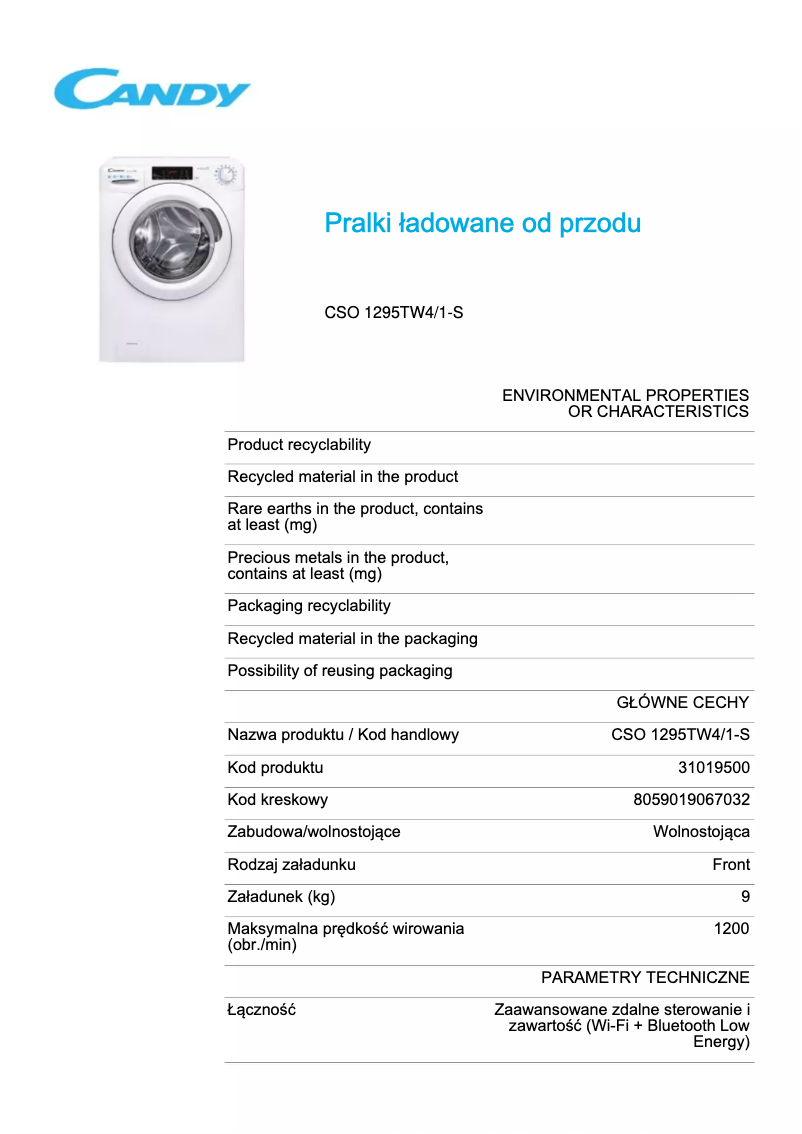 Page 1 de la notice Fiche technique Candy CSO 1295TW4/1-S