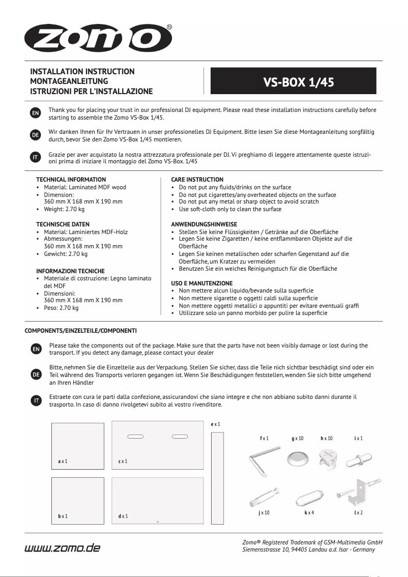 Page 1 of the manual User Manual Zomo VS-Box 1/45