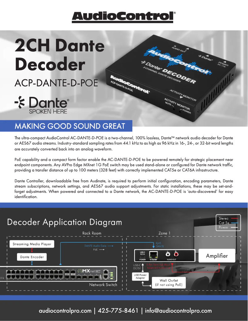 Page 1 de la notice Fiche technique AudioControl DANTE Decoder