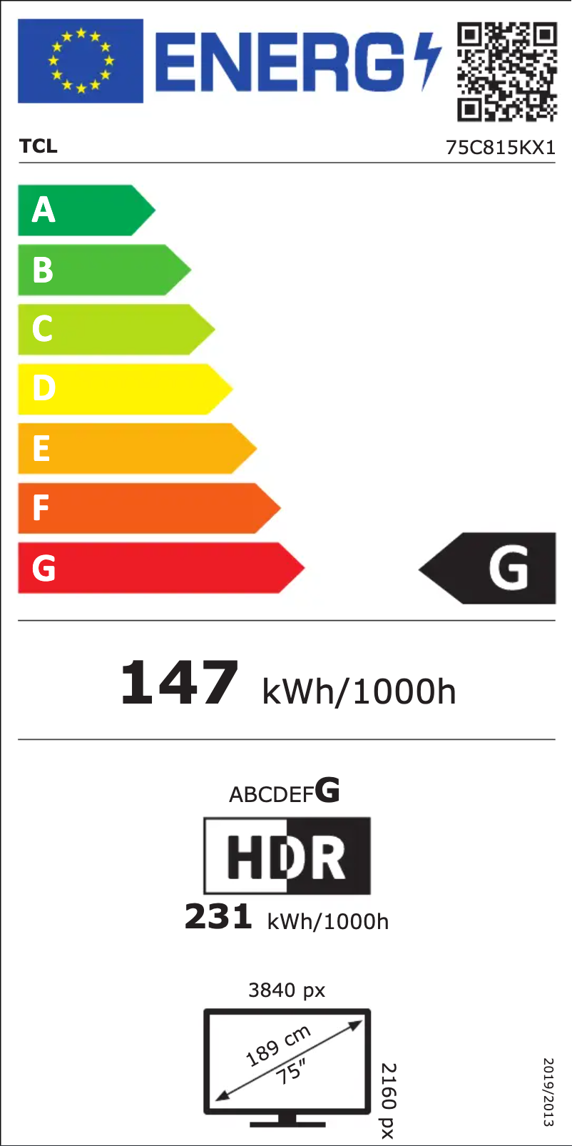 Page 1 of the manual Energy Label TCL 75C815