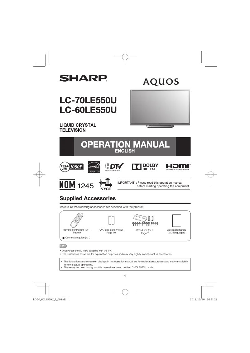 Image de la première page du manuel de l'appareil LC60LE550U