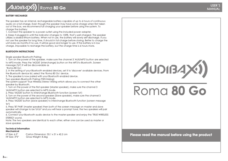 Page n°1 - Manuel utilisateur Audibax Roma 80 Go
