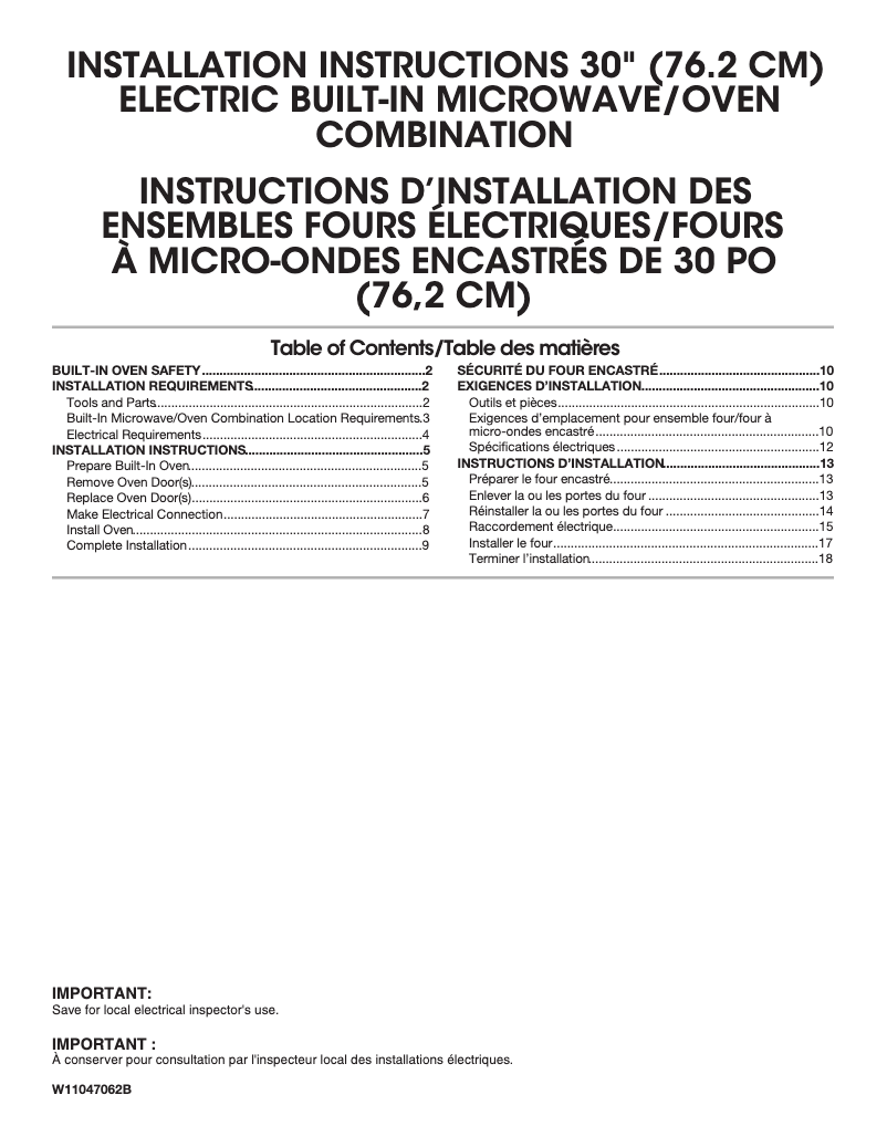 Page 1 de la notice Guide d'installation KitchenAid KOCE900HSS