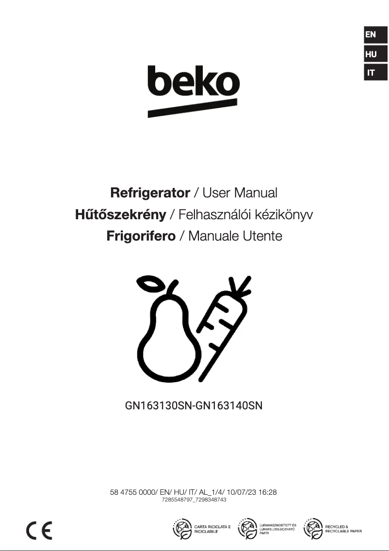 Page 1 de la notice Manuel utilisateur Beko GN163140SN