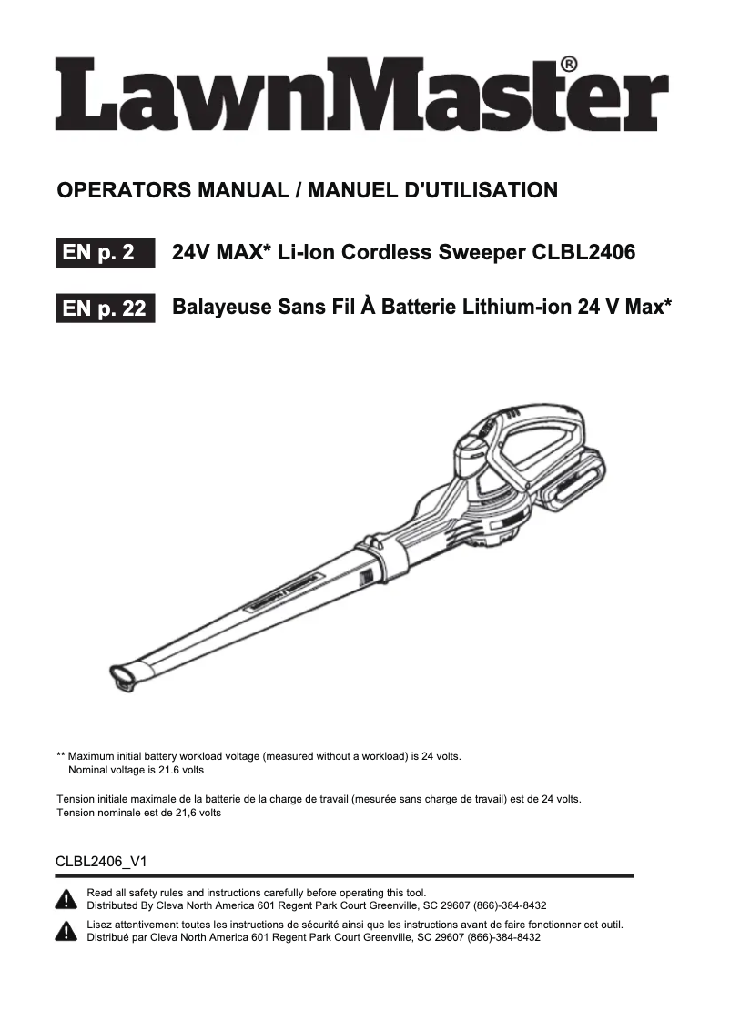Page n°1 - Manuel utilisateur LawnMaster CLBL2406
