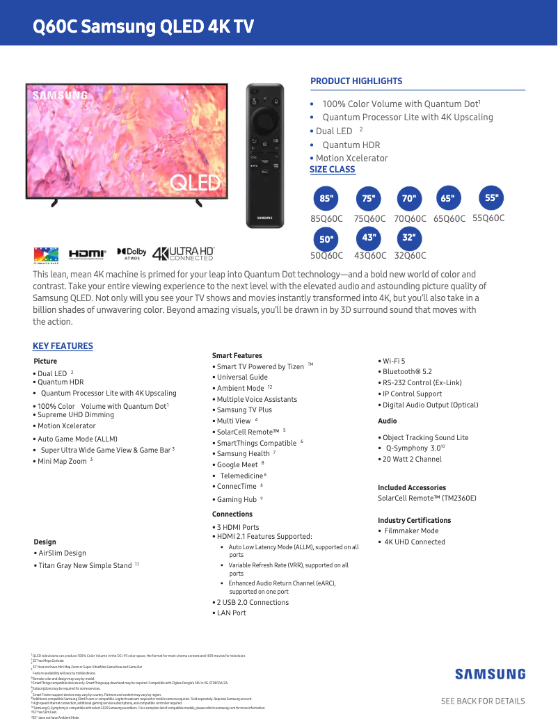 Página 1 del manual Ficha técnica Samsung QN32Q60CAF